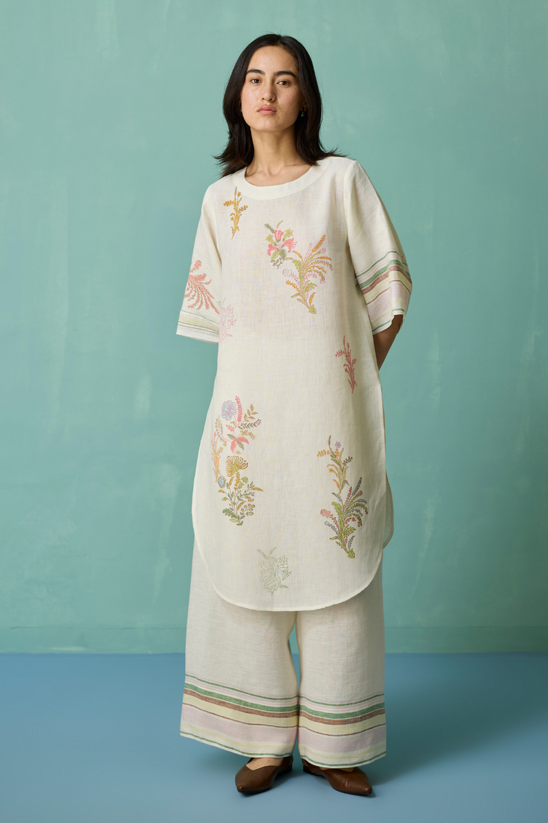 Nami Floral Block-Printed Curved Hem Kurta Set - Ivory linen light kurta set by Manan in ivory for women Worldwide