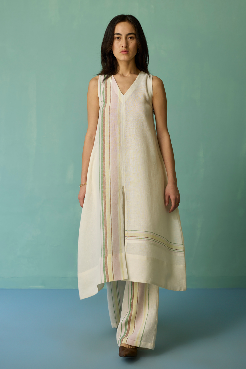 Vanya Border Linen Sleeveless Kurta Set - Ivory linen light kurta set by Manan in ivory for women Worldwide