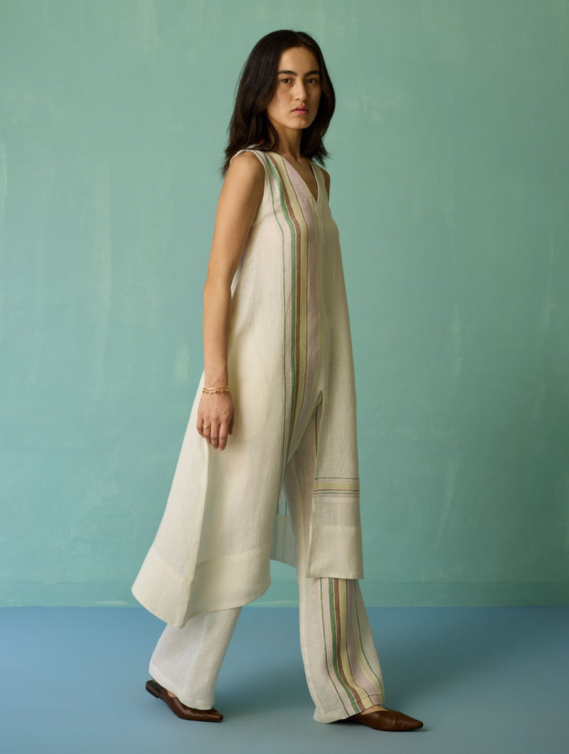 Vanya Border Linen Sleeveless Kurta Set - Ivory linen light kurta set by Manan in ivory for women Worldwide
