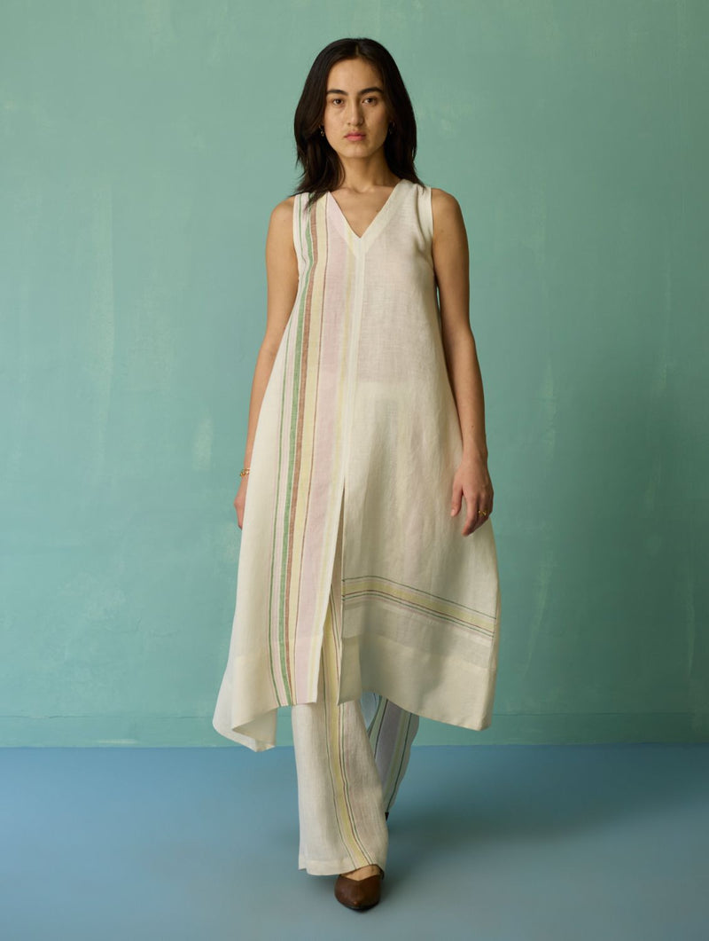 Vanya Border Linen Sleeveless Kurta - Ivory linen light kurta set by Manan in ivory for women Worldwide