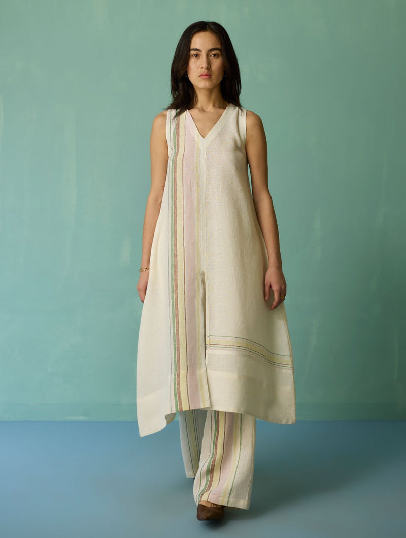 Vanya Border Linen Sleeveless Kurta - Ivory linen light kurta set by Manan in ivory for women Worldwide