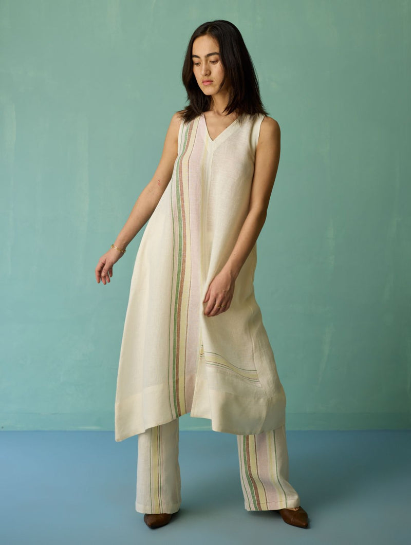 Vanya Border Linen Sleeveless Kurta - Ivory linen light kurta set by Manan in ivory for women Worldwide