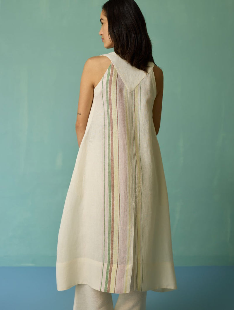 Vanya Border Linen Sleeveless Kurta Set - Ivory linen light kurta set by Manan in ivory for women Worldwide
