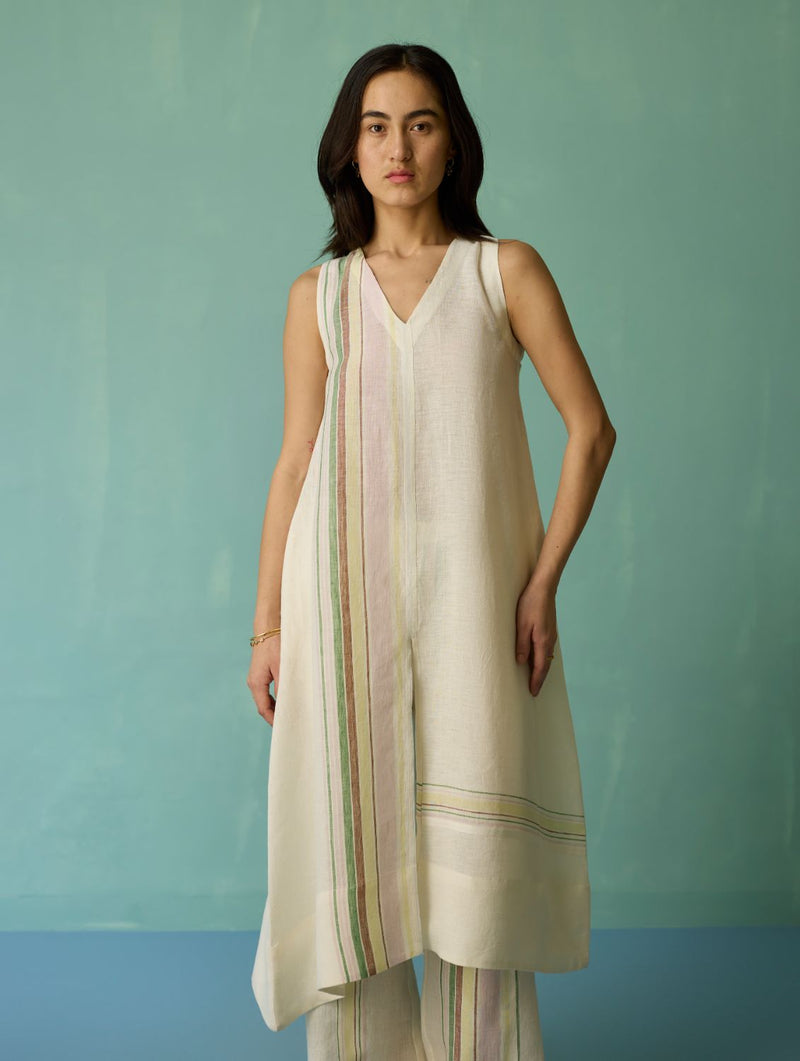 Vanya Border Linen Sleeveless Kurta - Ivory linen light kurta set by Manan in ivory for women Worldwide