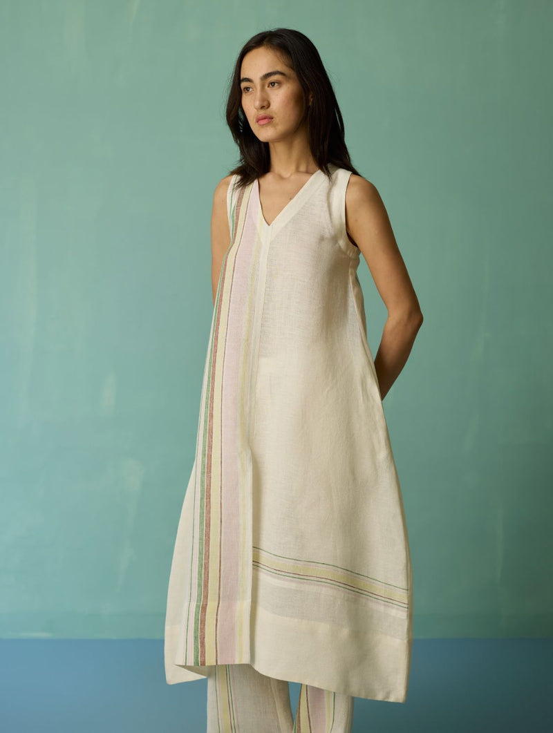 Vanya Border Linen Sleeveless Kurta - Ivory linen light kurta set by Manan in ivory for women Worldwide