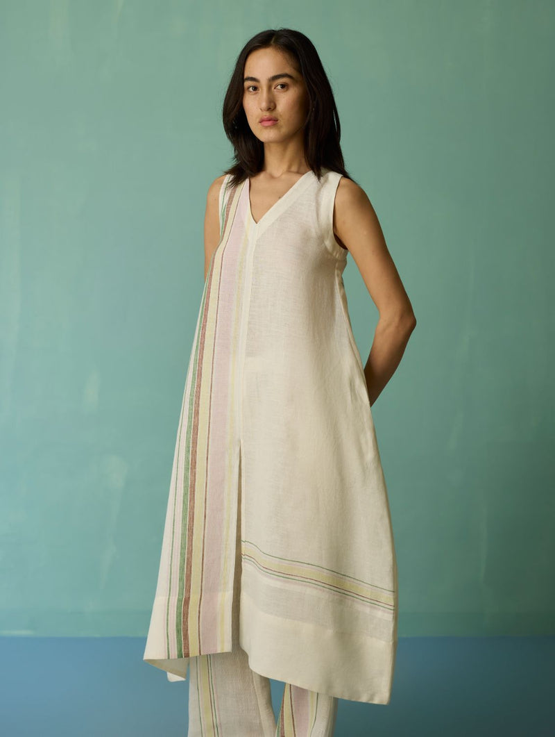 Vanya Border Linen Sleeveless Kurta - Ivory linen light kurta set by Manan in ivory for women Worldwide