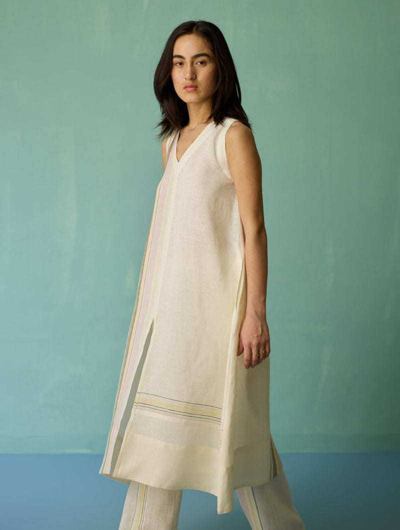 Vanya Border Linen Sleeveless Kurta Set - Ivory linen light kurta set by Manan in ivory for women Worldwide
