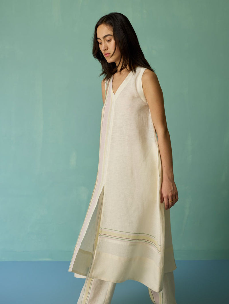 Vanya Border Linen Sleeveless Kurta Set - Ivory linen light kurta set by Manan in ivory for women Worldwide