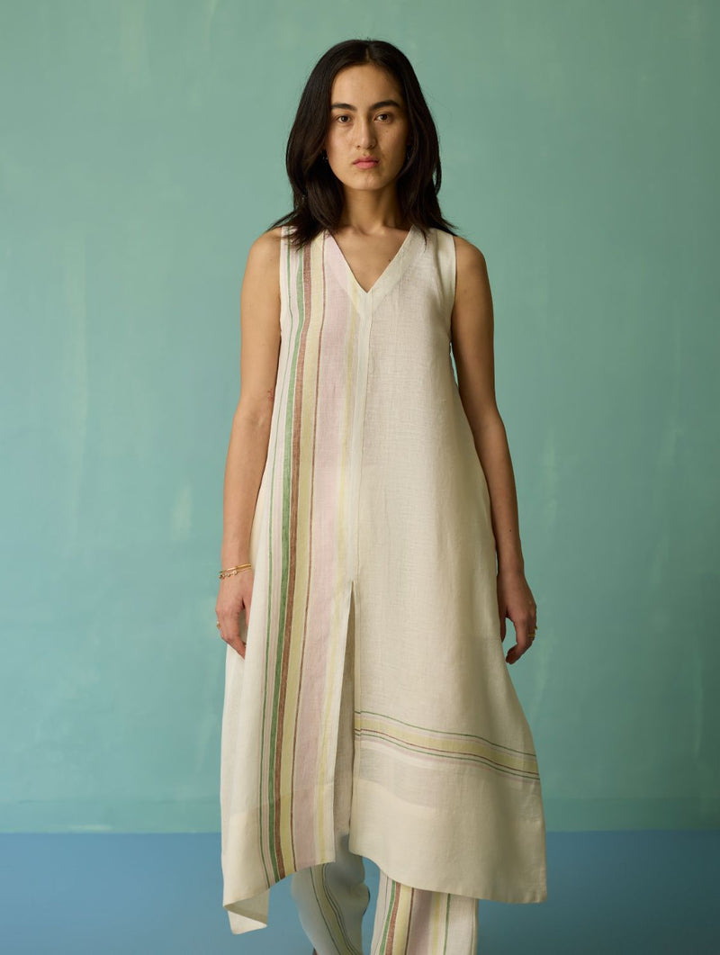 Vanya Border Linen Sleeveless Kurta - Ivory linen light kurta set by Manan in ivory for women Worldwide