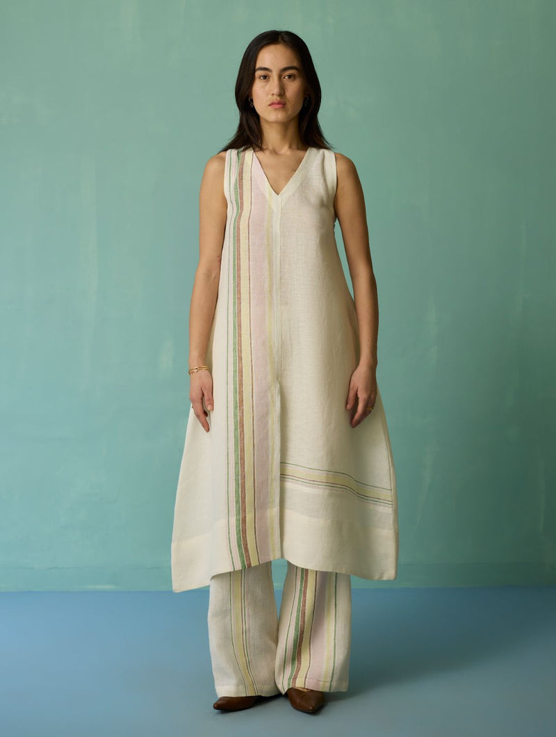 Vanya Border Linen Sleeveless Kurta - Ivory linen light kurta set by Manan in ivory for women Worldwide