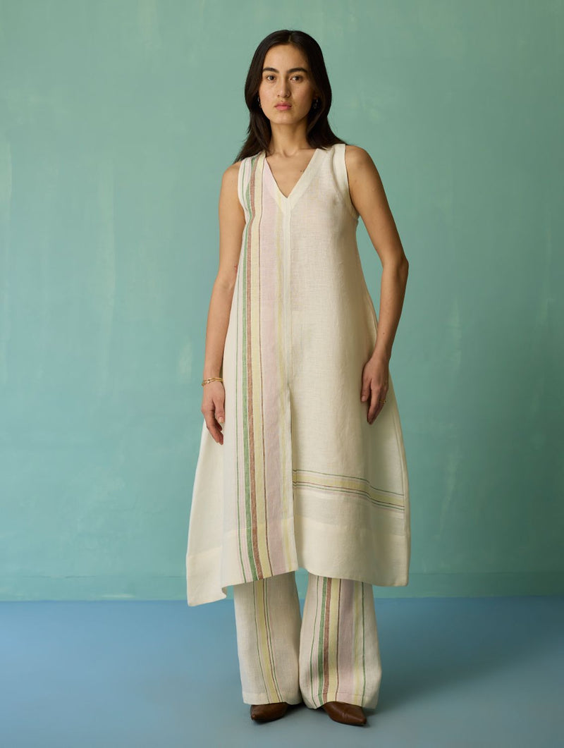 Vanya Border Linen Sleeveless Kurta - Ivory linen light kurta set by Manan in ivory for women Worldwide
