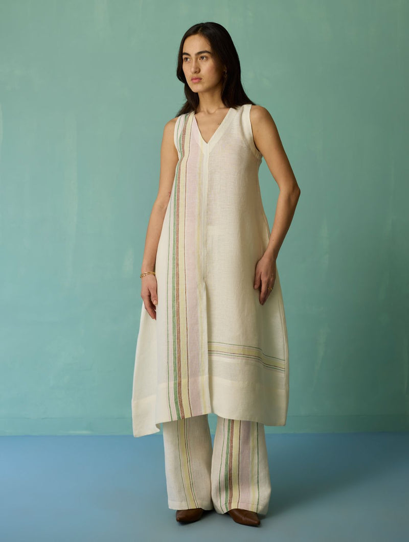 Vanya Border Linen Sleeveless Kurta Set - Ivory linen light kurta set by Manan in ivory for women Worldwide