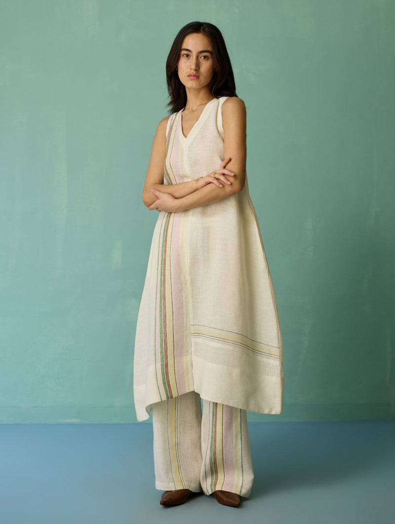 Vanya Border Linen Sleeveless Kurta Set - Ivory linen light kurta set by Manan in ivory for women Worldwide