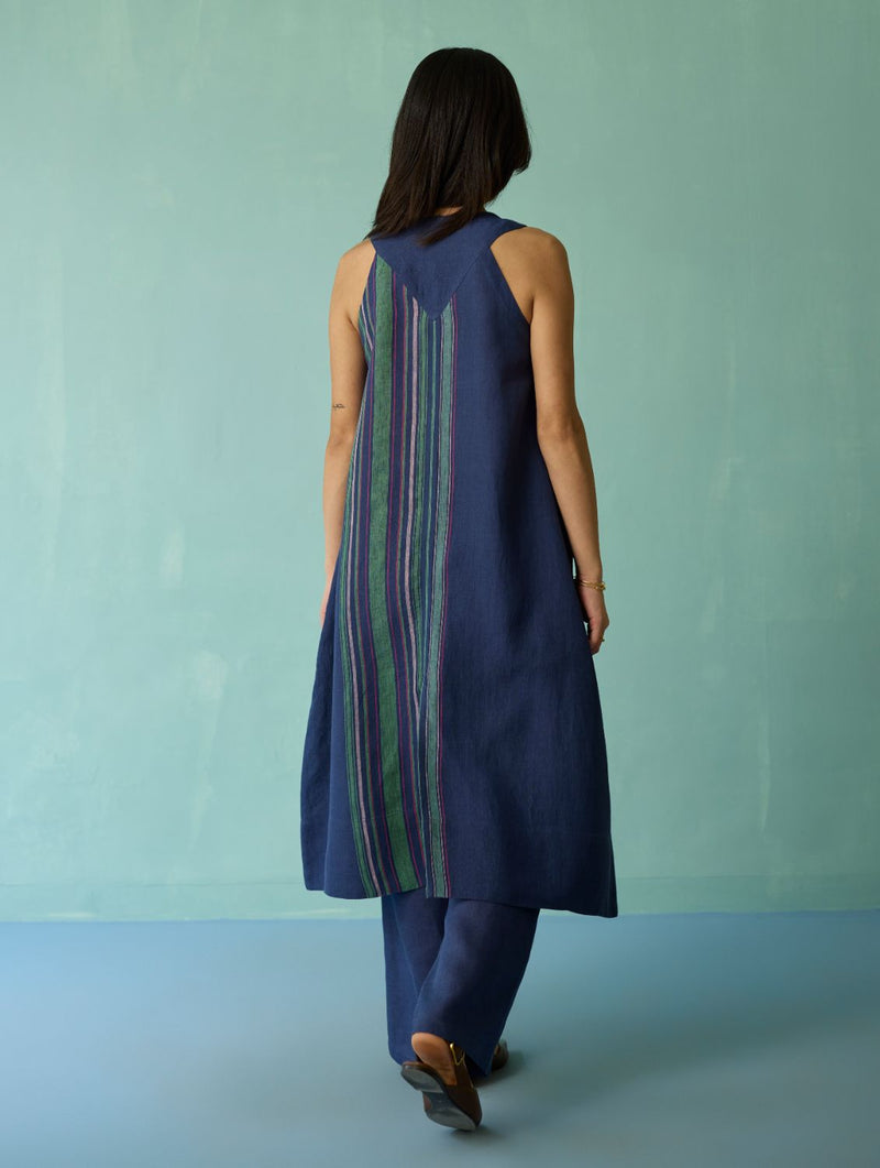 Vanya Border Linen Sleeveless Kurta - Indigo linen light kurta set by Manan in navy for women Worldwide