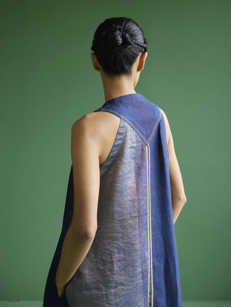 Ayana Metallic Linen Border Top - Navy linen by Manan in navy color for women Worldwide