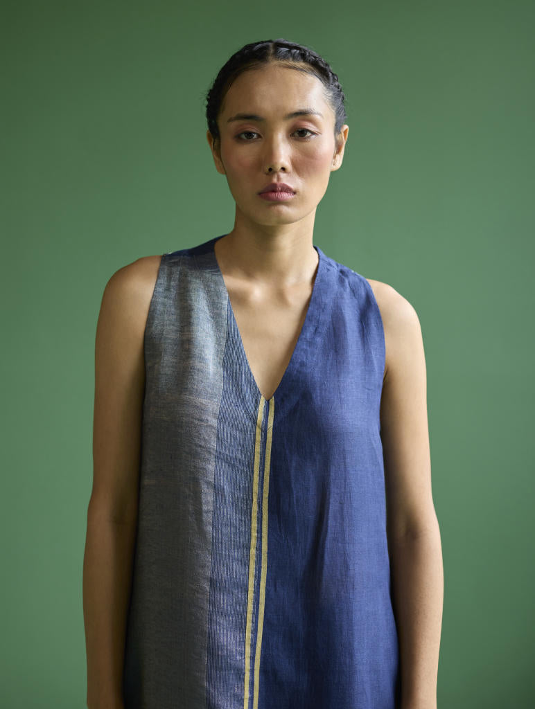 Ayana Metallic Linen Border Top - Navy linen by Manan in navy color for women Worldwide