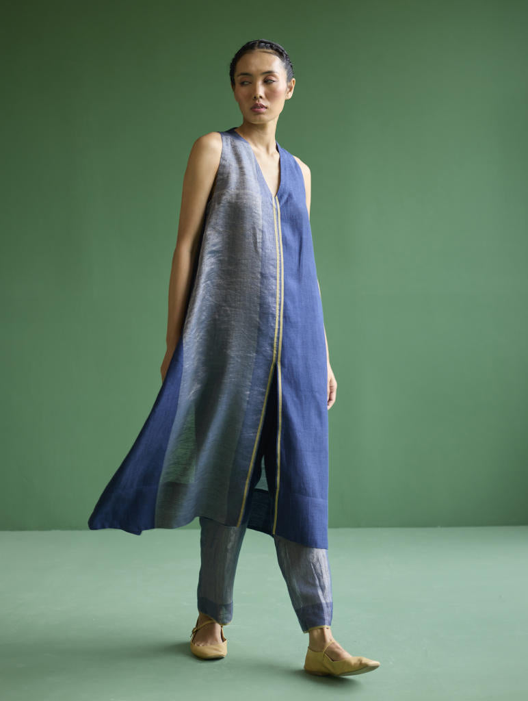 Ayana Metallic Linen Border Top - Navy linen by Manan in navy color for women Worldwide