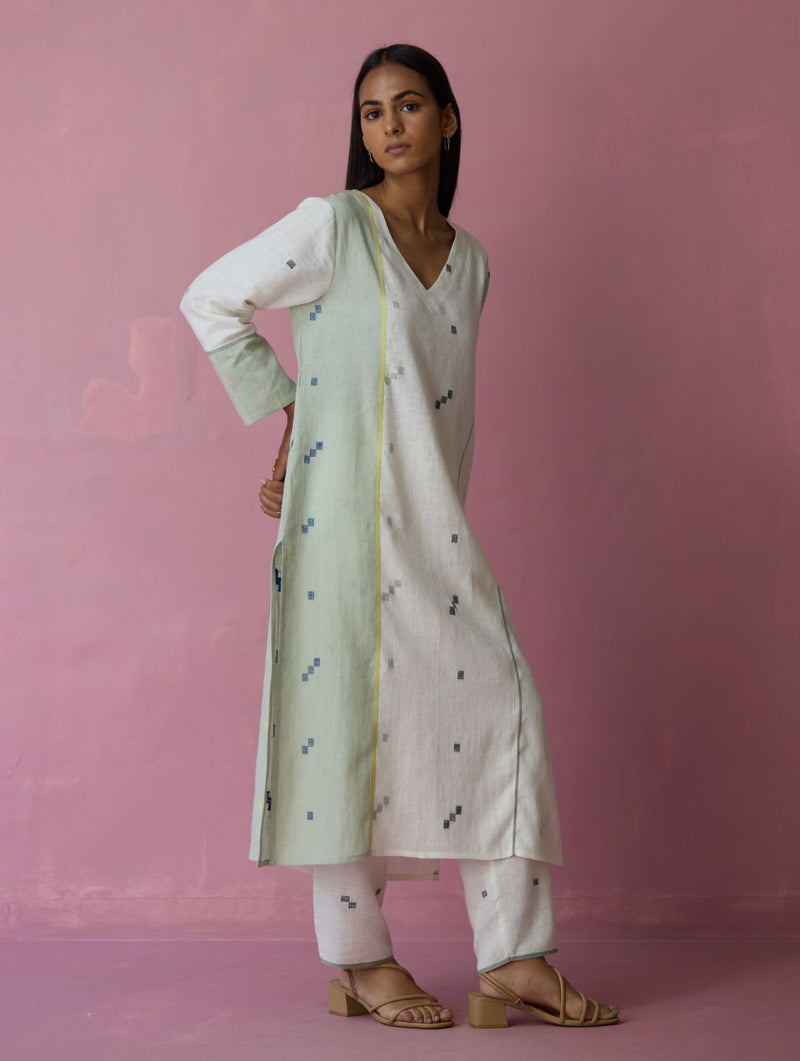 Siza Jamdani Linen Colour-Block Kurta Set all linen by Manan in ivory color for women Worldwide