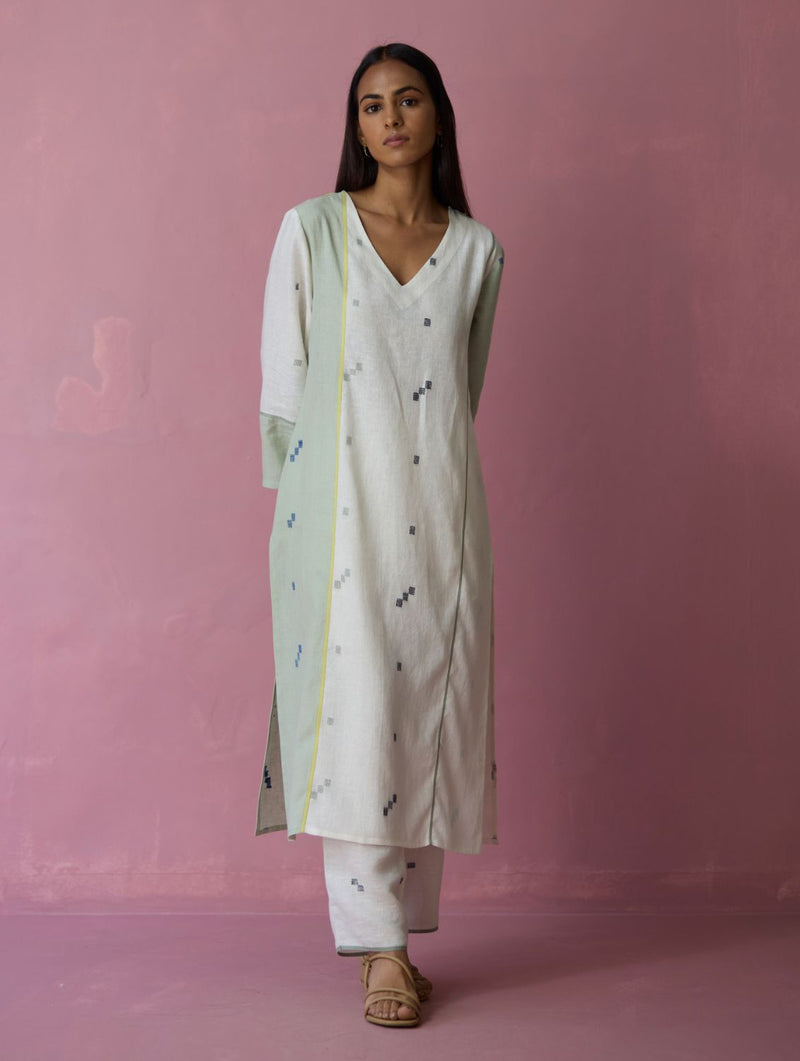 Siza Jamdani Linen Colour-Block Kurta Set all linen by Manan in ivory color for women Worldwide