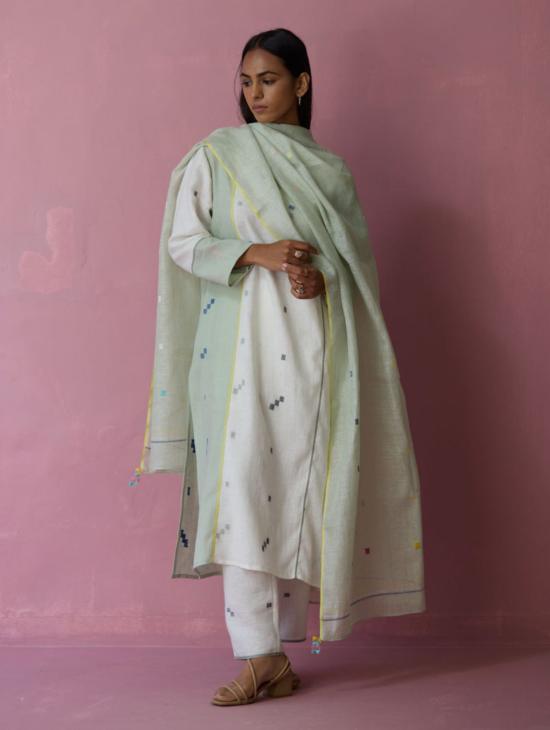 Siza Jamdani Linen Colour-Block Kurta Set all linen by Manan in ivory color for women Worldwide