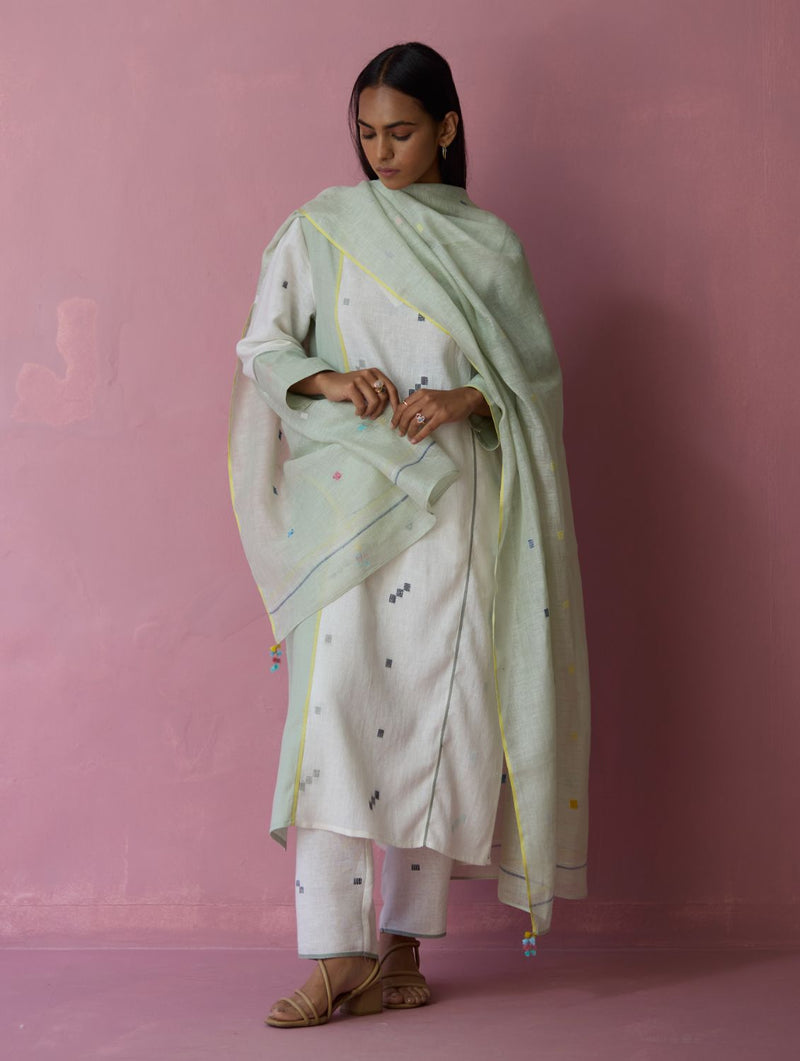 Siza Jamdani Linen Colour-Block Kurta Set all linen by Manan in ivory color for women Worldwide