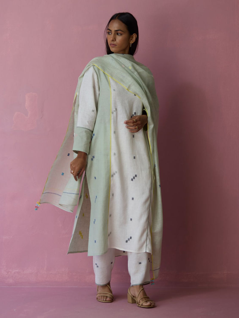 Siza Jamdani Linen Colour-Block Kurta Set all linen by Manan in ivory color for women Worldwide