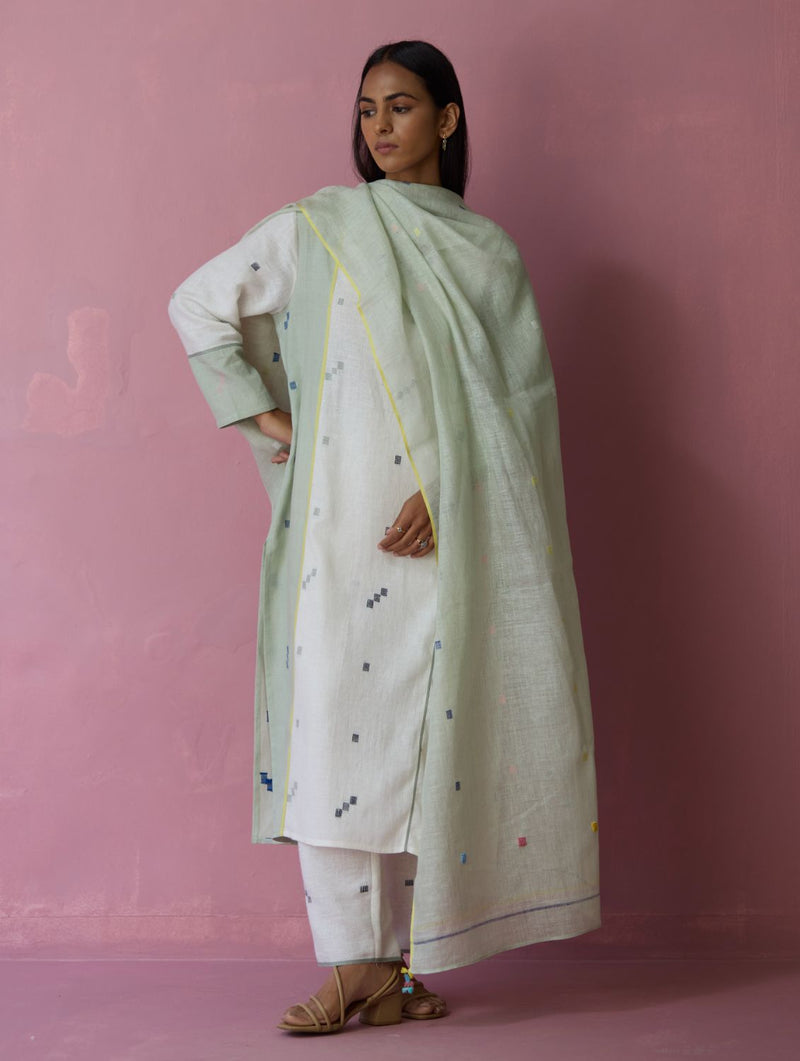 Siza Jamdani Linen Colour-Block Kurta Set all linen by Manan in ivory color for women Worldwide
