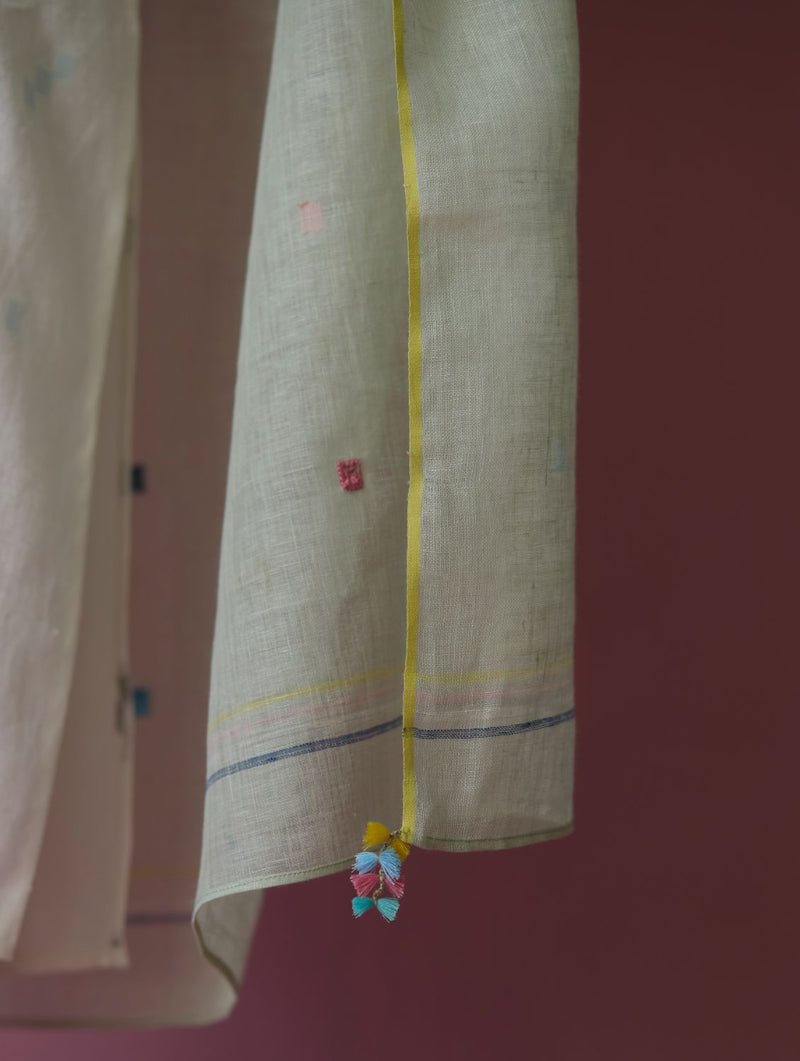 Siza Jamdani Linen Colour-Block Kurta Set all linen by Manan in ivory color for women Worldwide