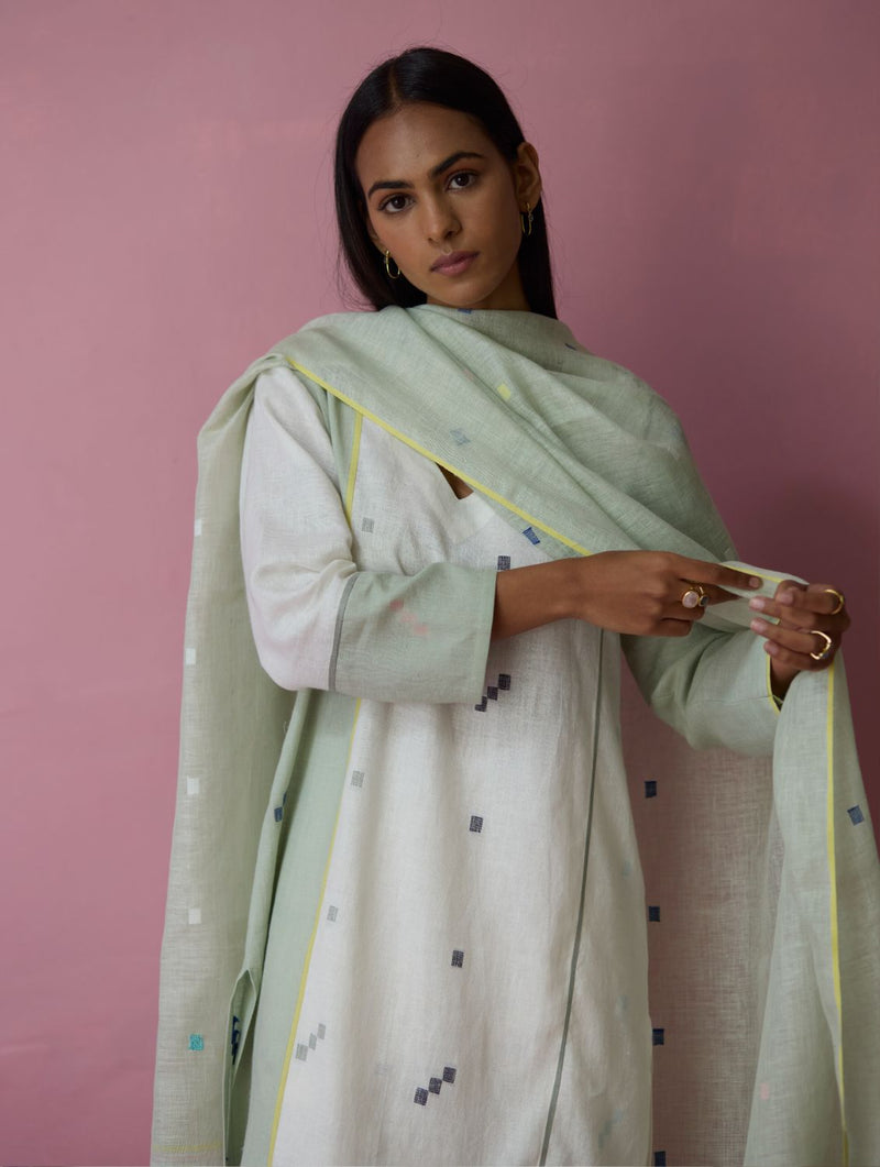 Siza Jamdani Linen Colour-Block Kurta Set all linen by Manan in ivory color for women Worldwide