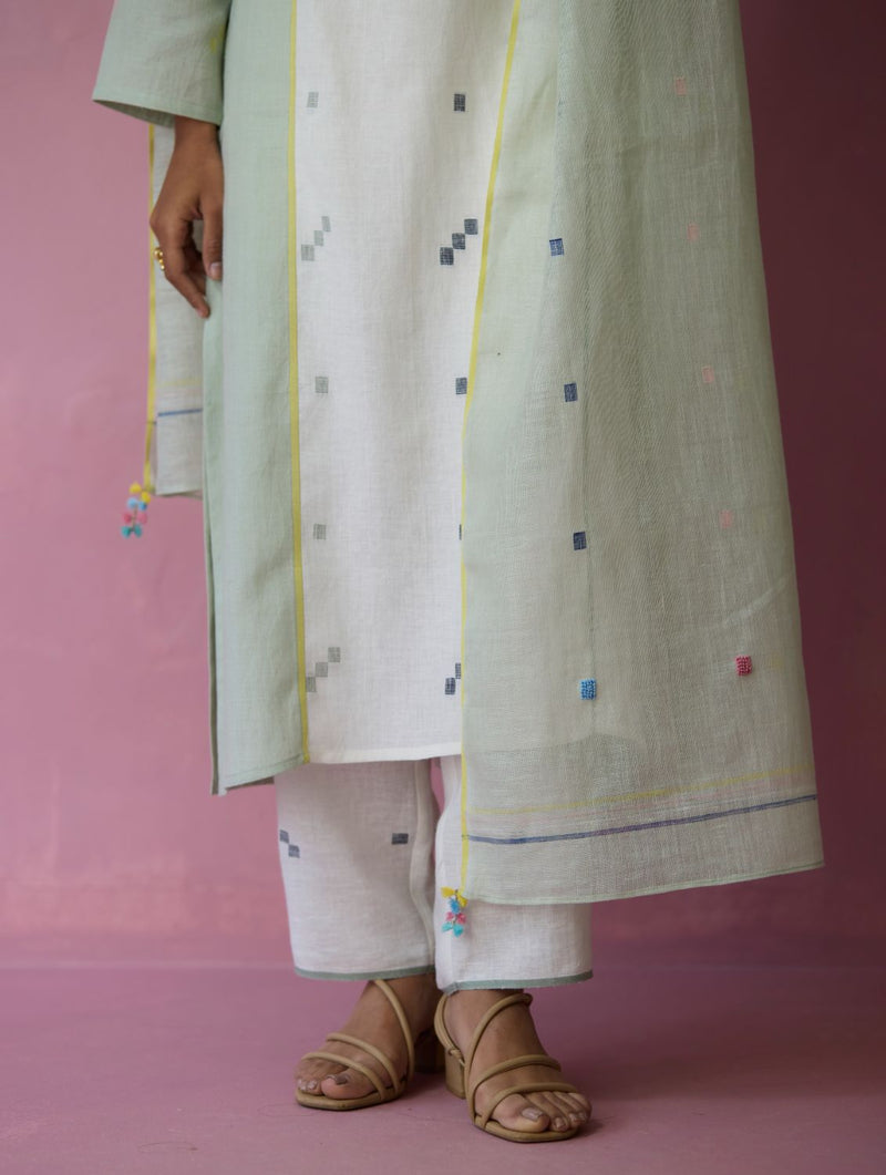 Siza Jamdani Linen Colour-Block Kurta Set all linen by Manan in ivory color for women Worldwide