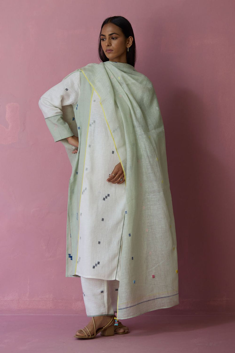 Siza Jamdani Linen Colour-Block Kurta Set all linen by Manan in ivory color for women Worldwide