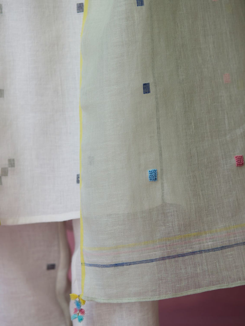 Siza Jamdani Linen Colour-Block Kurta Set all linen by Manan in ivory color for women Worldwide