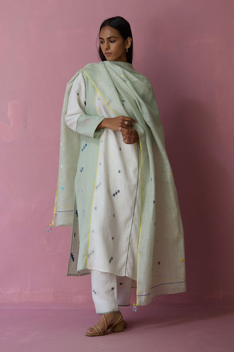 Siza Jamdani Linen Colour-Block Kurta Set all linen by Manan in ivory color for women Worldwide