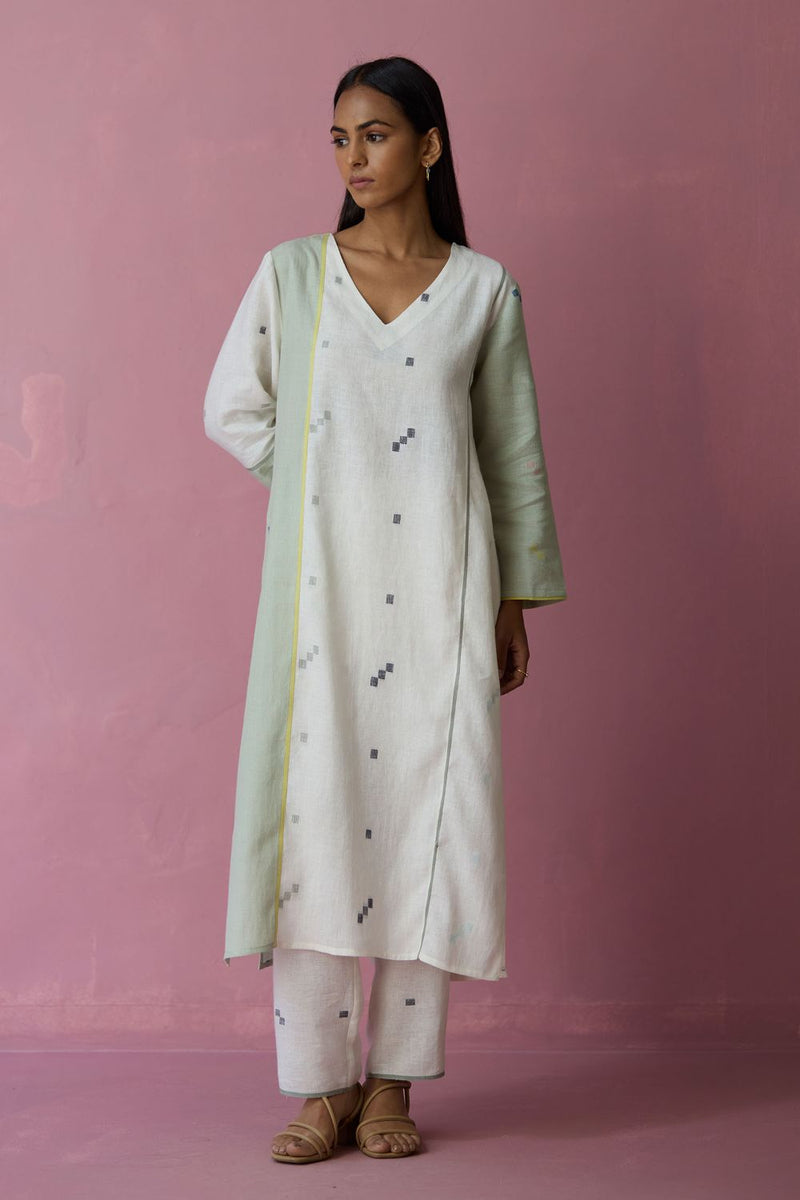 Siza Jamdani Linen Colour-Block Kurta Set all linen by Manan in ivory color for women Worldwide
