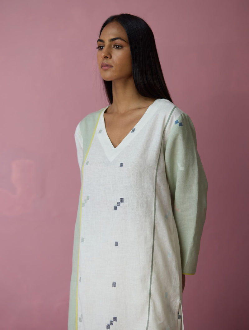 Siza Jamdani Linen Colour-Block Kurta Set all linen by Manan in ivory color for women Worldwide
