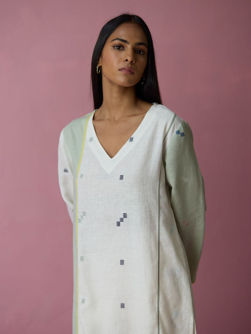 Siza Jamdani Linen Colour-Block Kurta Set all linen by Manan in ivory color for women Worldwide