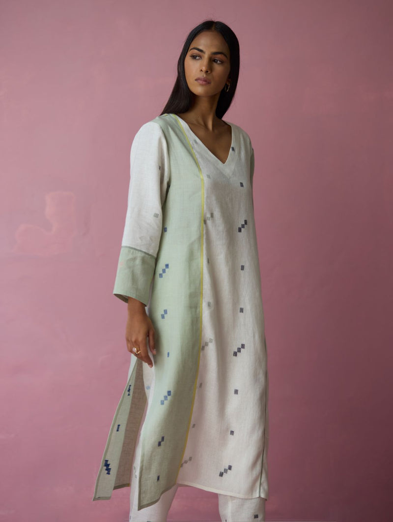 Siza Jamdani Linen Colour-Block Kurta Set all linen by Manan in ivory color for women Worldwide