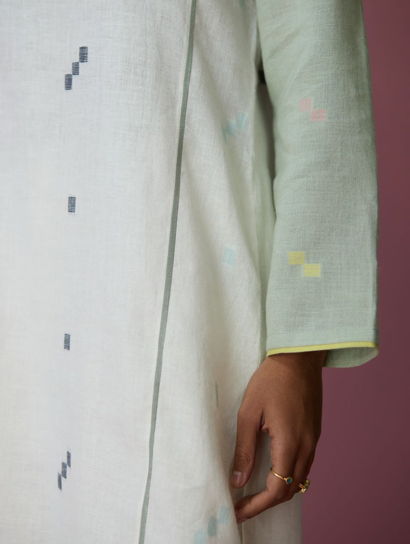 Siza Jamdani Linen Colour-Block Kurta Set all linen by Manan in ivory color for women Worldwide