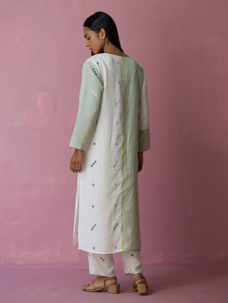 Siza Jamdani Linen Colour-Block Kurta Set all linen by Manan in ivory color for women Worldwide
