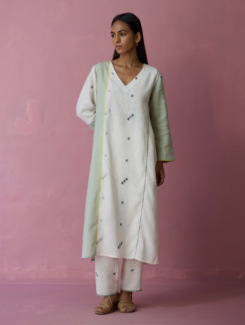 Siza Jamdani Linen Colour-Block Kurta Set all linen by Manan in ivory color for women Worldwide