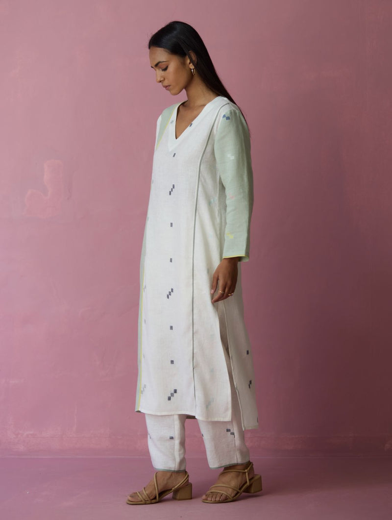 Siza Jamdani Linen Colour-Block Kurta Set all linen by Manan in ivory color for women Worldwide