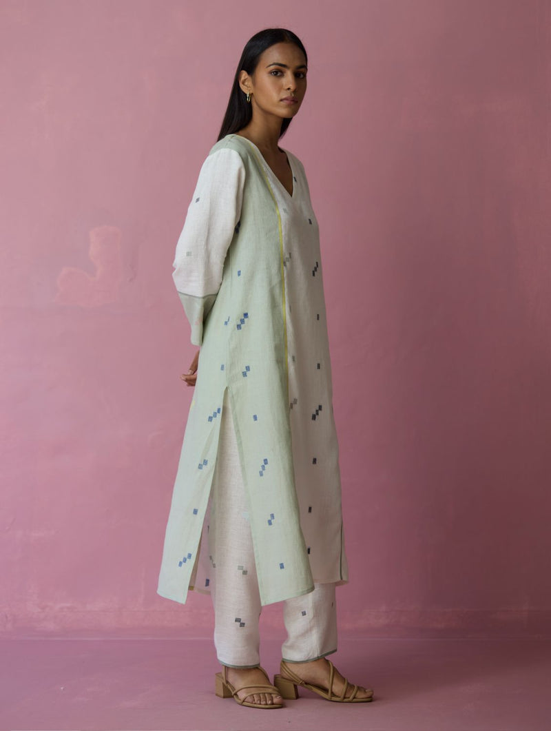 Siza Jamdani Linen Colour-Block Kurta Set all linen by Manan in ivory color for women Worldwide
