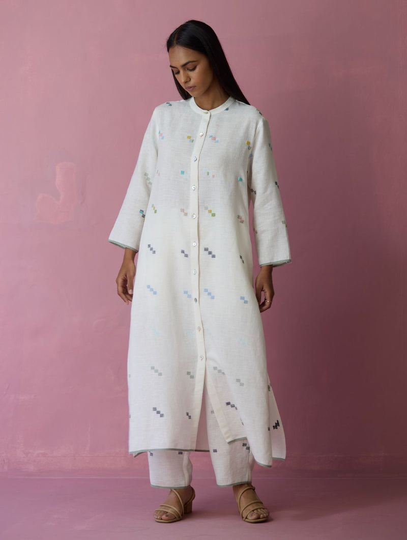 Miel Hand-Embroidered Jamdani Linen Kurta Set - Ivory all linen by Manan in ivory color for women Worldwide