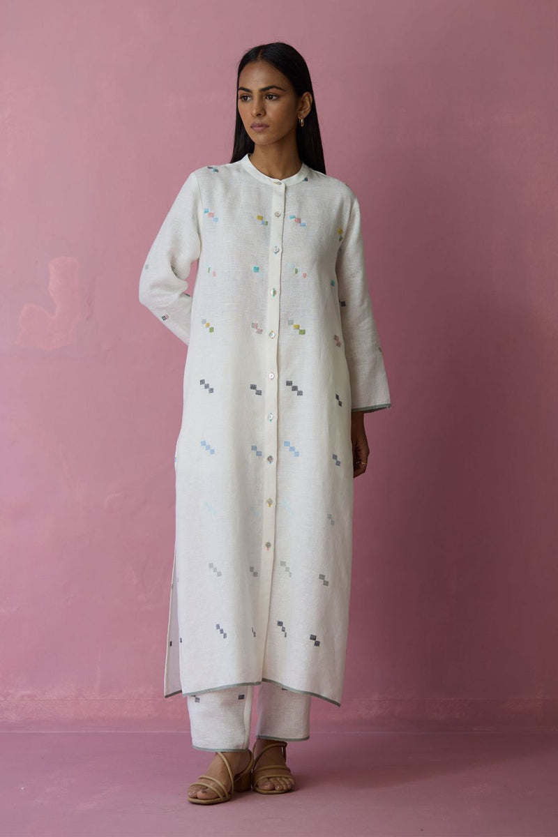 Miel Hand-Embroidered Jamdani Linen Kurta Set - Ivory all linen by Manan in ivory color for women Worldwide