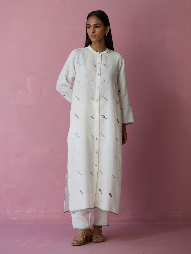 Miel Hand-Embroidered Jamdani Linen Kurta Set - Ivory all linen by Manan in ivory color for women Worldwide