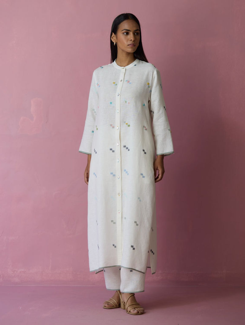 Miel Hand-Embroidered Jamdani Linen Kurta Set - Ivory all linen by Manan in ivory color for women Worldwide