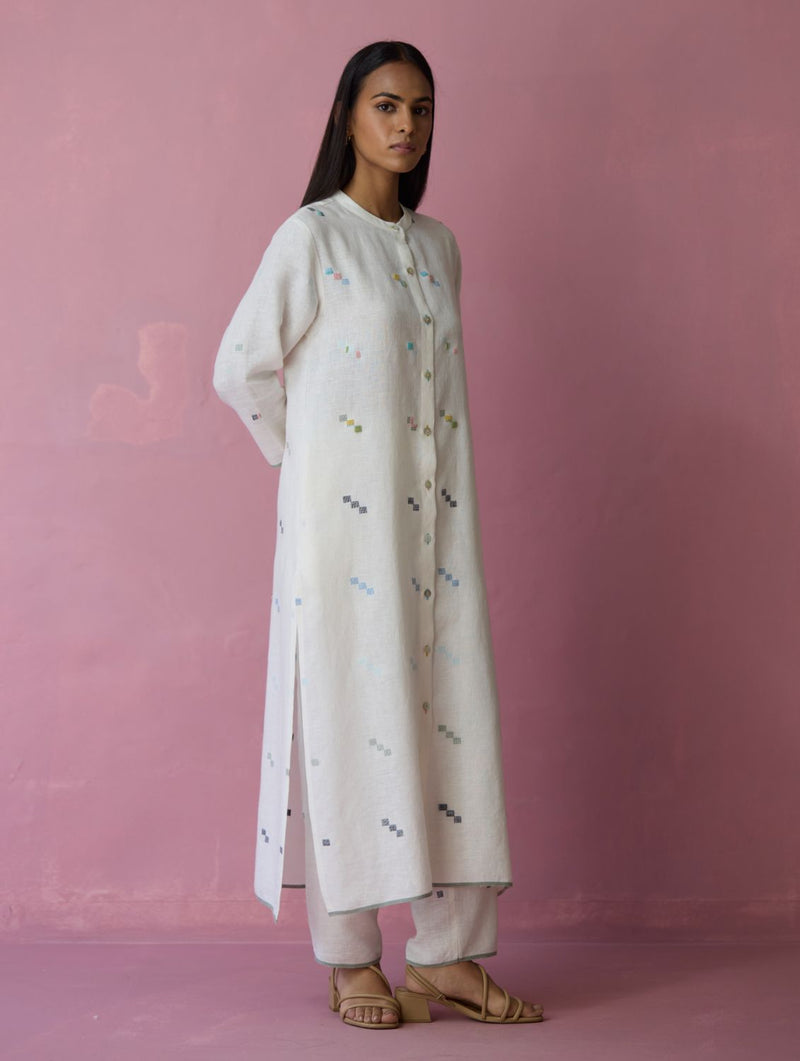Miel Hand-Embroidered Jamdani Linen Kurta Set - Ivory all linen by Manan in ivory color for women Worldwide
