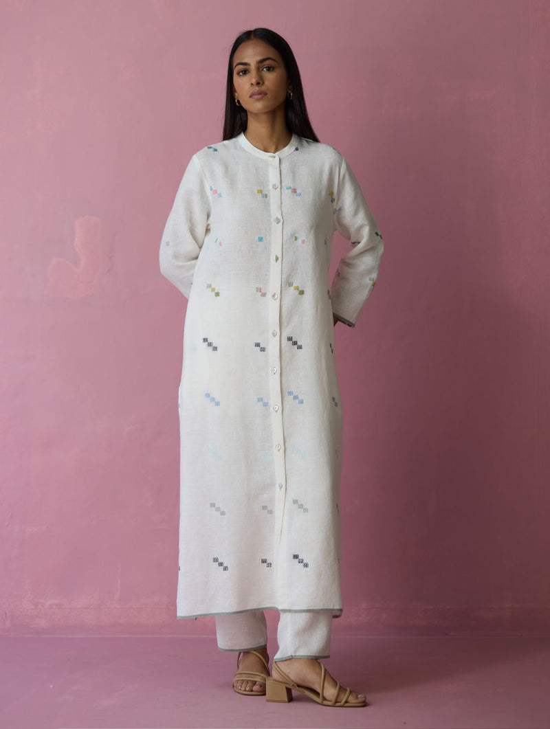 Miel Hand-Embroidered Jamdani Linen Kurta Set - Ivory all linen by Manan in ivory color for women Worldwide