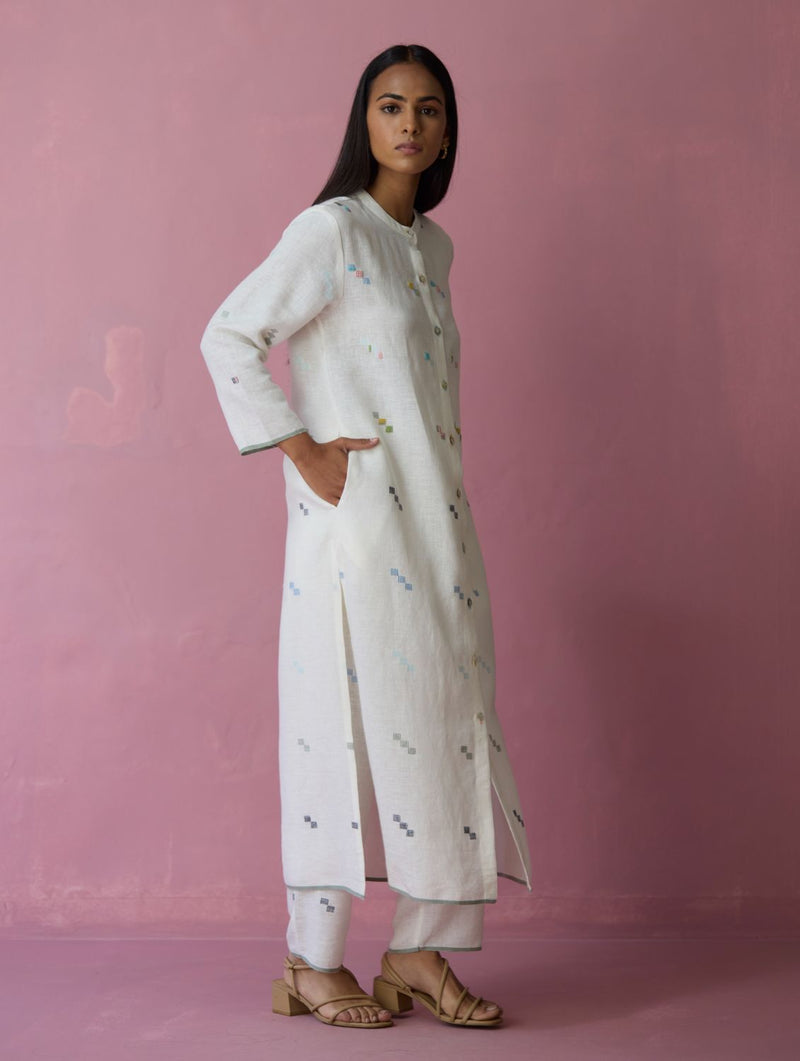 Miel Hand-Embroidered Jamdani Linen Kurta Set - Ivory all linen by Manan in ivory color for women Worldwide