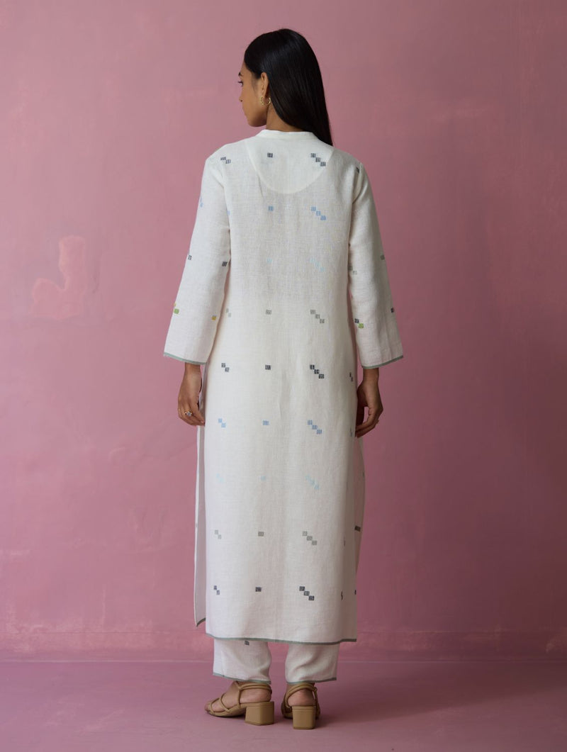 Miel Hand-Embroidered Jamdani Linen Kurta Set - Ivory all linen by Manan in ivory color for women Worldwide